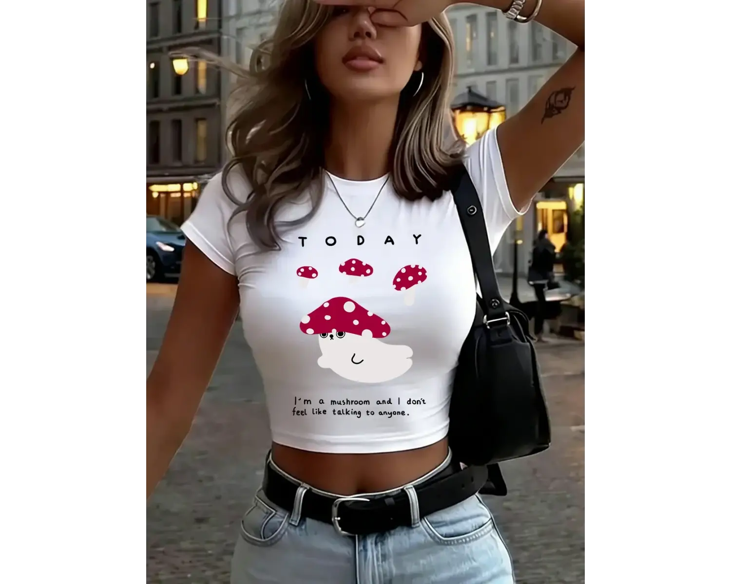 IM A Mushroom Baskılı Kadın Babby TeeTişörtleri Yazlık Yumuşak Yüksek Esnek Üstler O-Yaka Kısa K