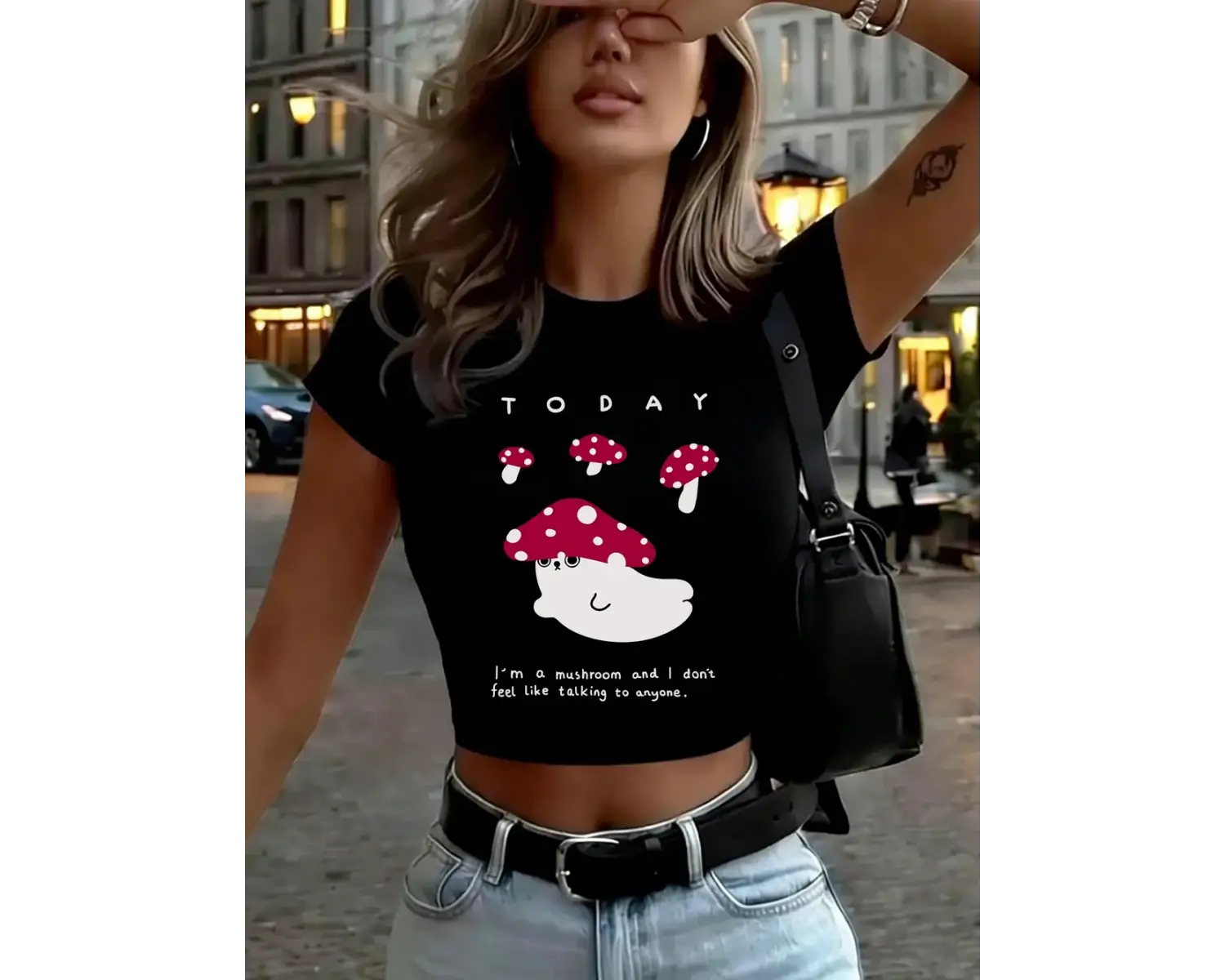 IM A Mushroom Baskılı Kadın Babby TeeTişörtleri Yazlık Yumuşak Yüksek Esnek Üstler O-Yaka Kısa K