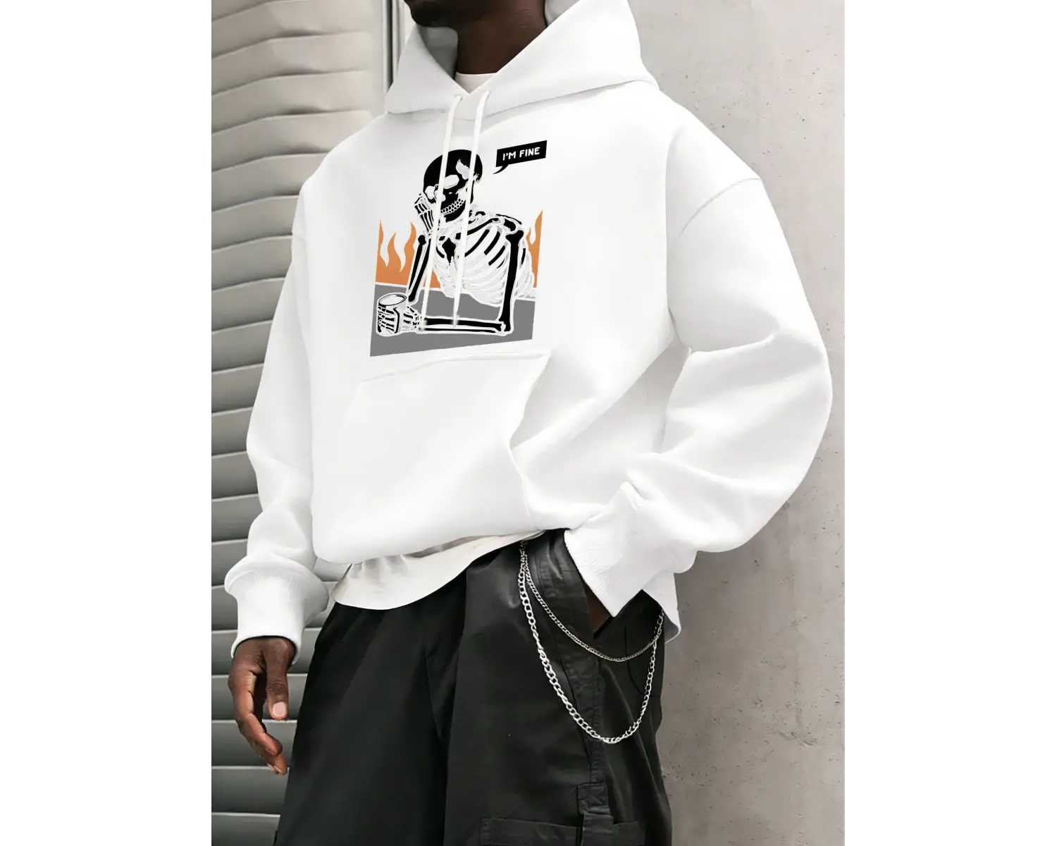 IM Fine İskelet Baskılı Erkek Basic Kapüşonlu Üstleri Hip Hop Bol Sweatshirtler Günlük Polar