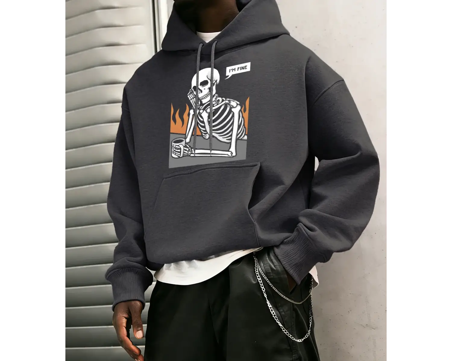 IM Fine İskelet Baskılı Erkek Basic Kapüşonlu Üstleri Hip Hop Bol Sweatshirtler Günlük Polar