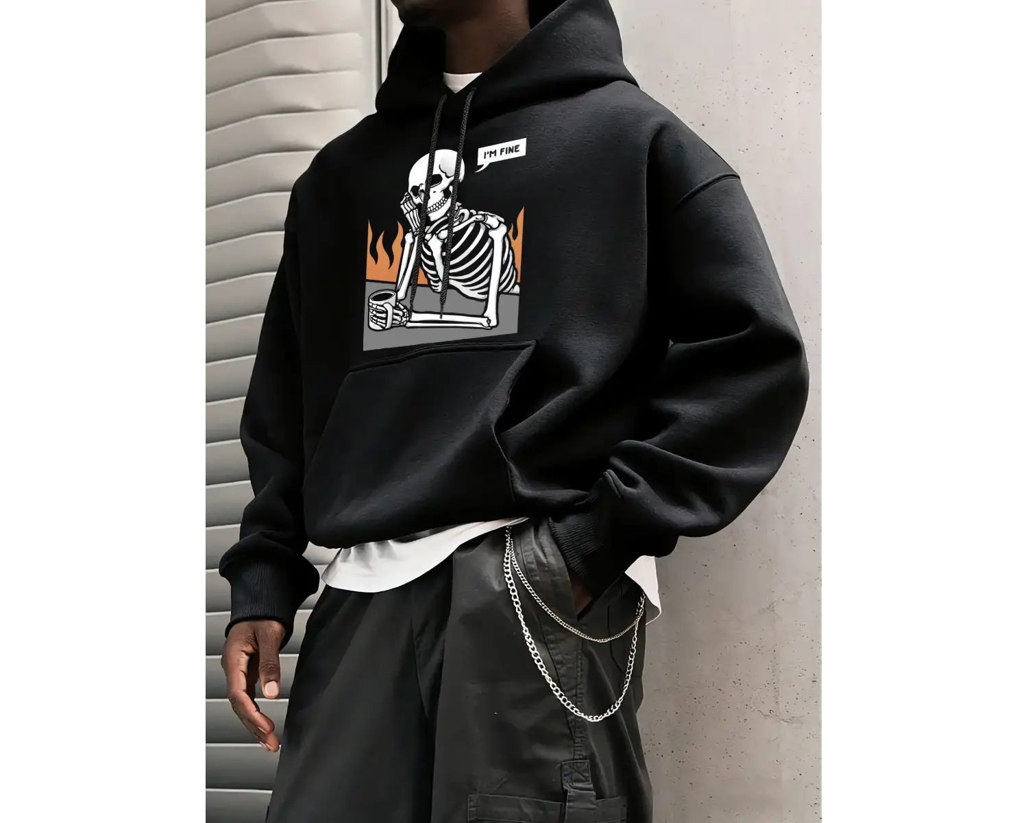 IM Fine İskelet Baskılı Erkek Basic Kapüşonlu Üstleri Hip Hop Bol Sweatshirtler Günlük Polar