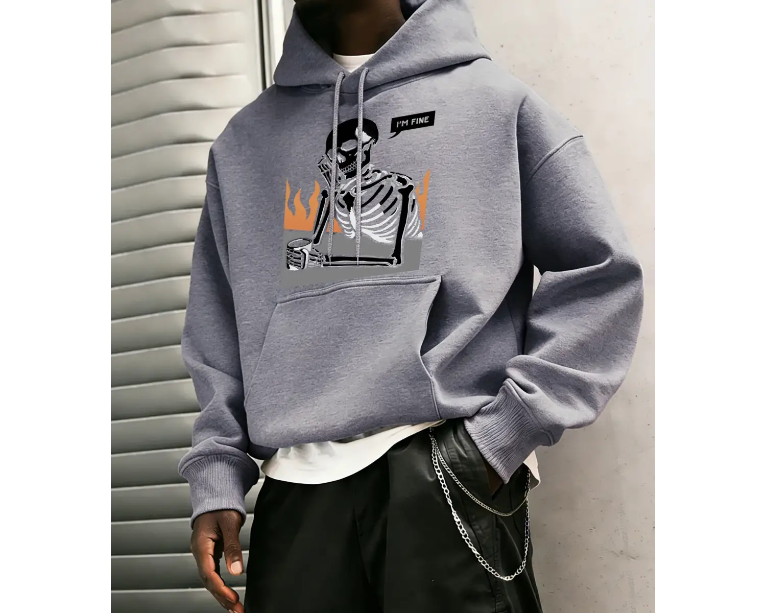 IM Fine İskelet Baskılı Erkek Basic Kapüşonlu Üstleri Hip Hop Bol Sweatshirtler Günlük Polar