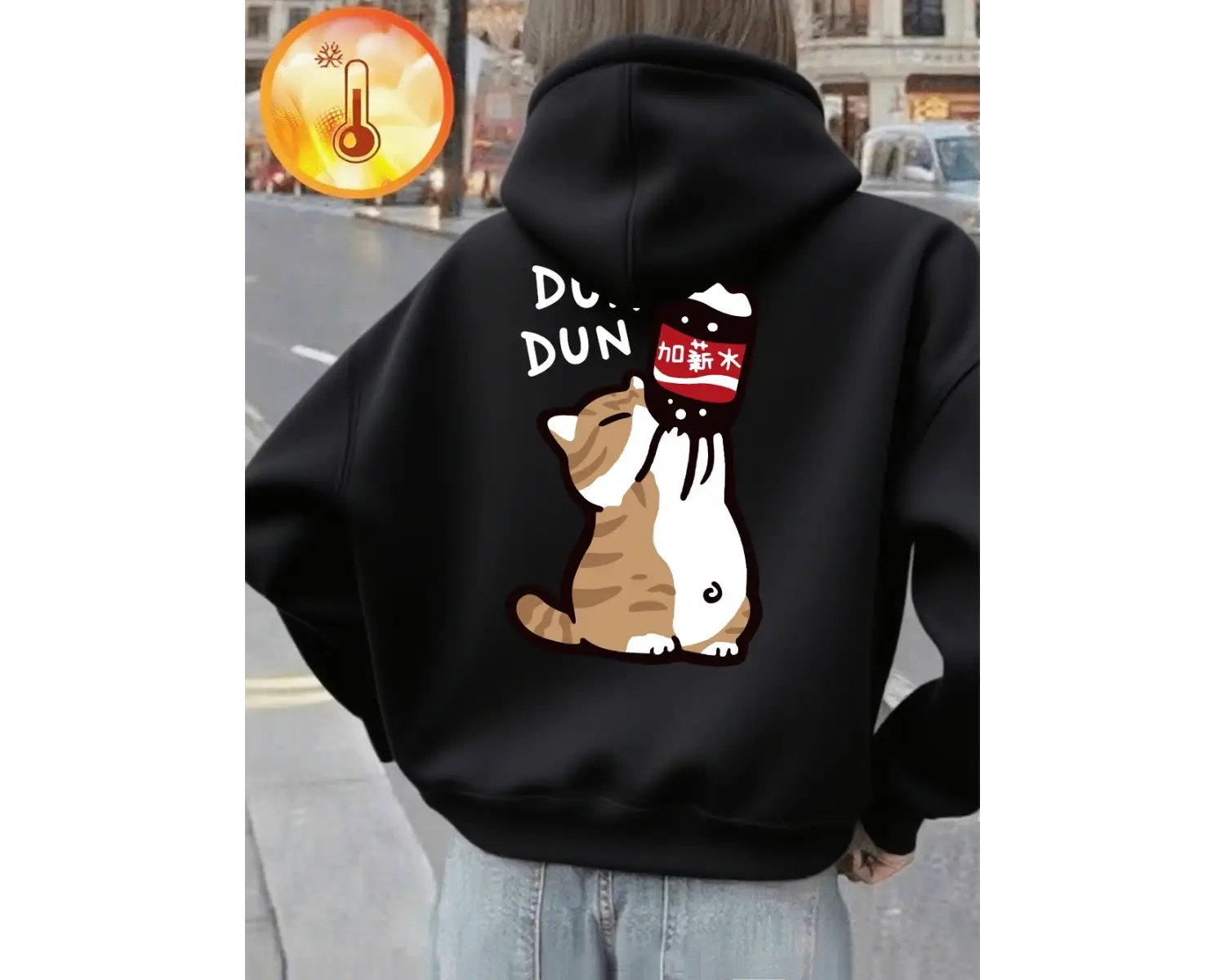 İçecek Karikatür Dun Dun Kedi Baskılı Kapüşonlu Üstler Kadın Rahat Bol Sweatshirtler Kışlık P