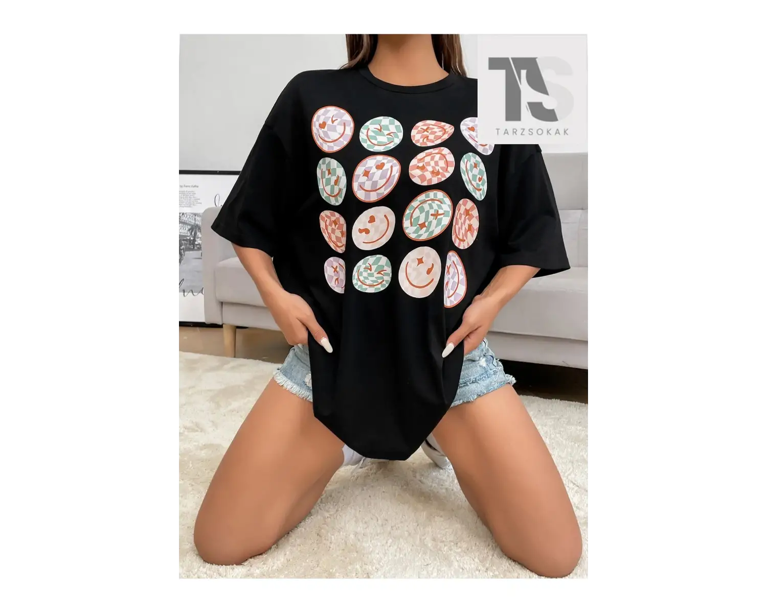 İfade Baskılı Düşük Omuzlu Tişört