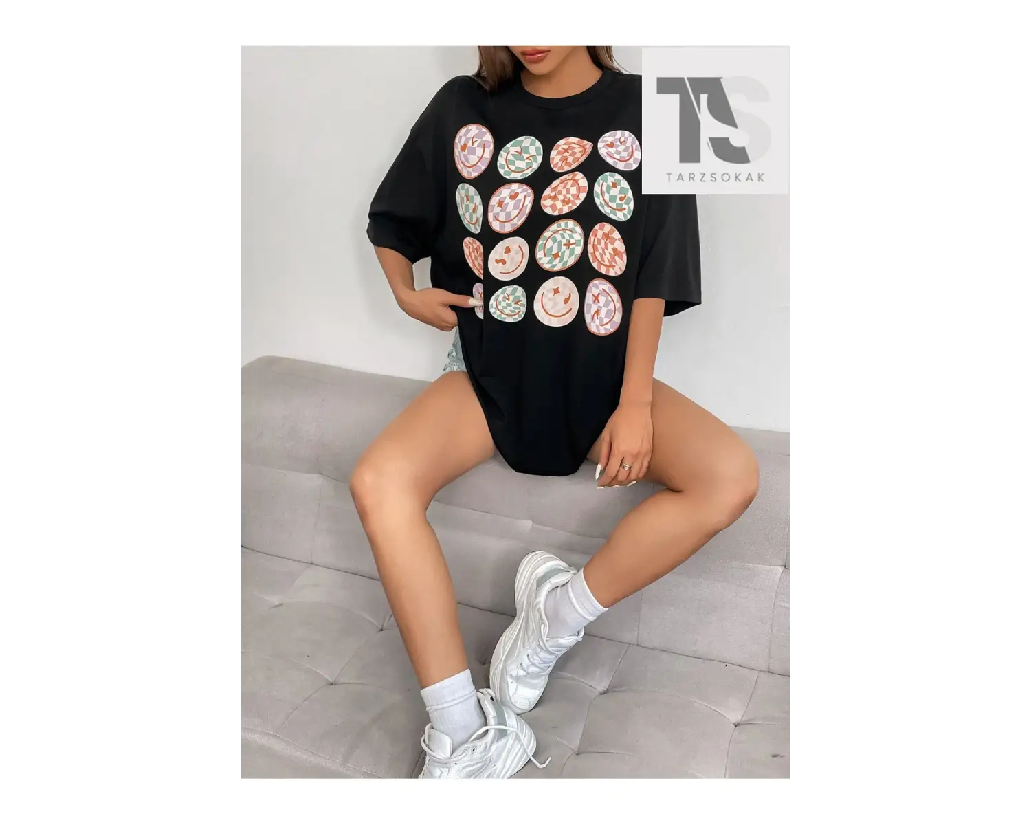 İfade Baskılı Düşük Omuzlu Tişört