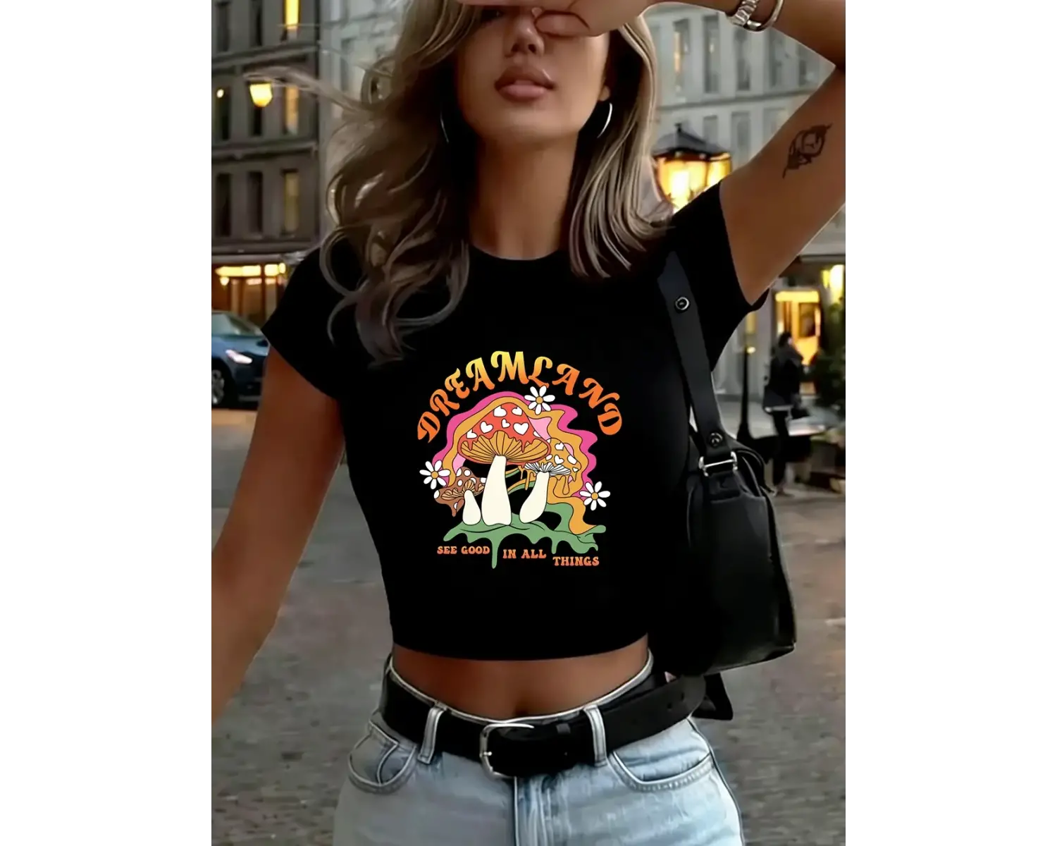 İlginç Mantar Baskılar Bayan Kırpma Üstleri Yaz İnce O-Boyun Sokak Stili Yumuşak Kısa Kollu T