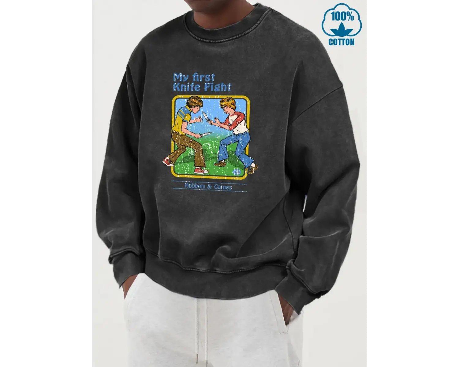 İlk Bıçak Dövüşümü Baskılı Moda Yeni Yıkanmış Kazaklar Erkek Pamuklu Bol Kapüşonlu Günlük Büy