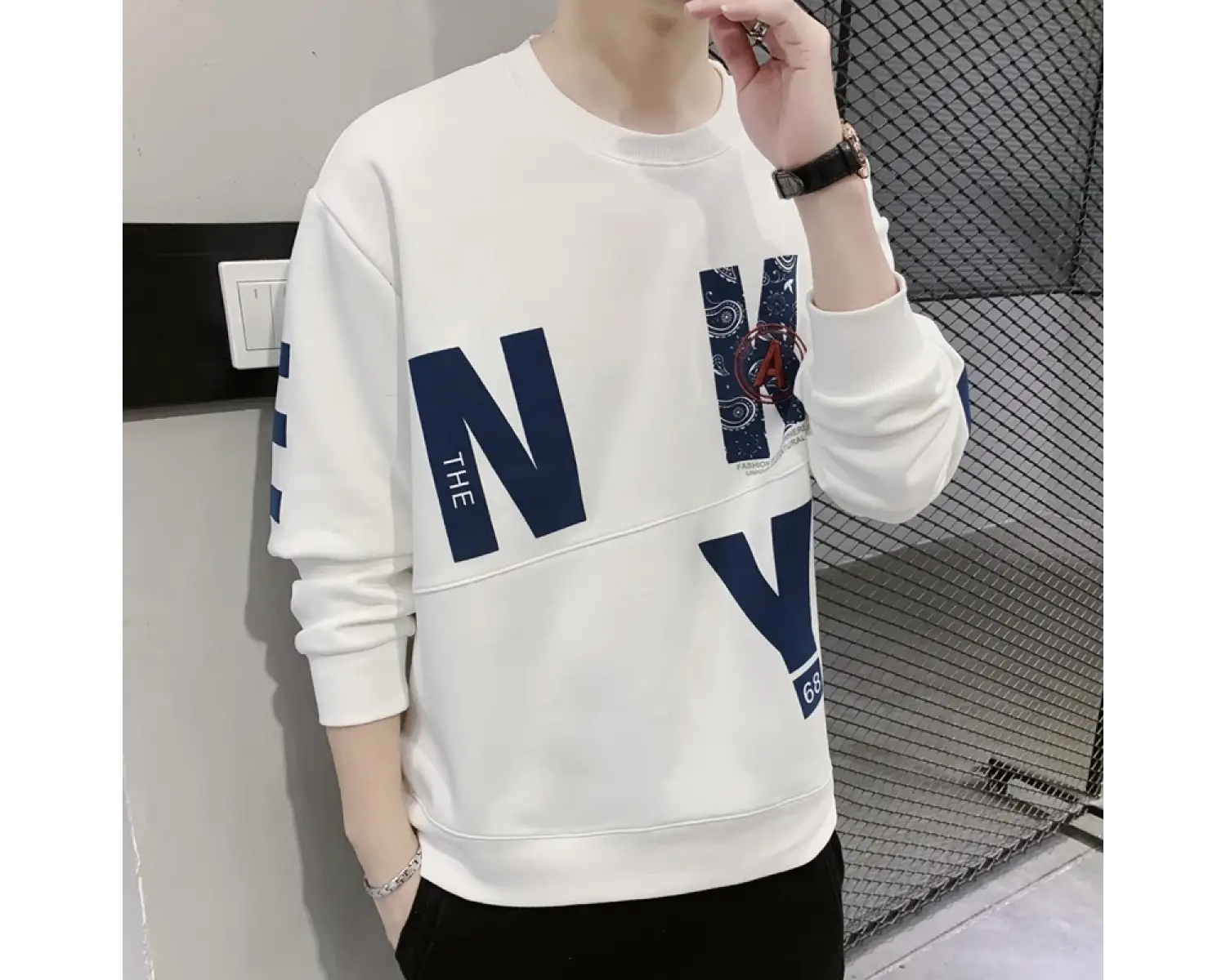 İlkbahar ve sonbahar erkek kazak yuvarlak boyun yeni Patchwork mektup baskılı Hoodie gevşek m