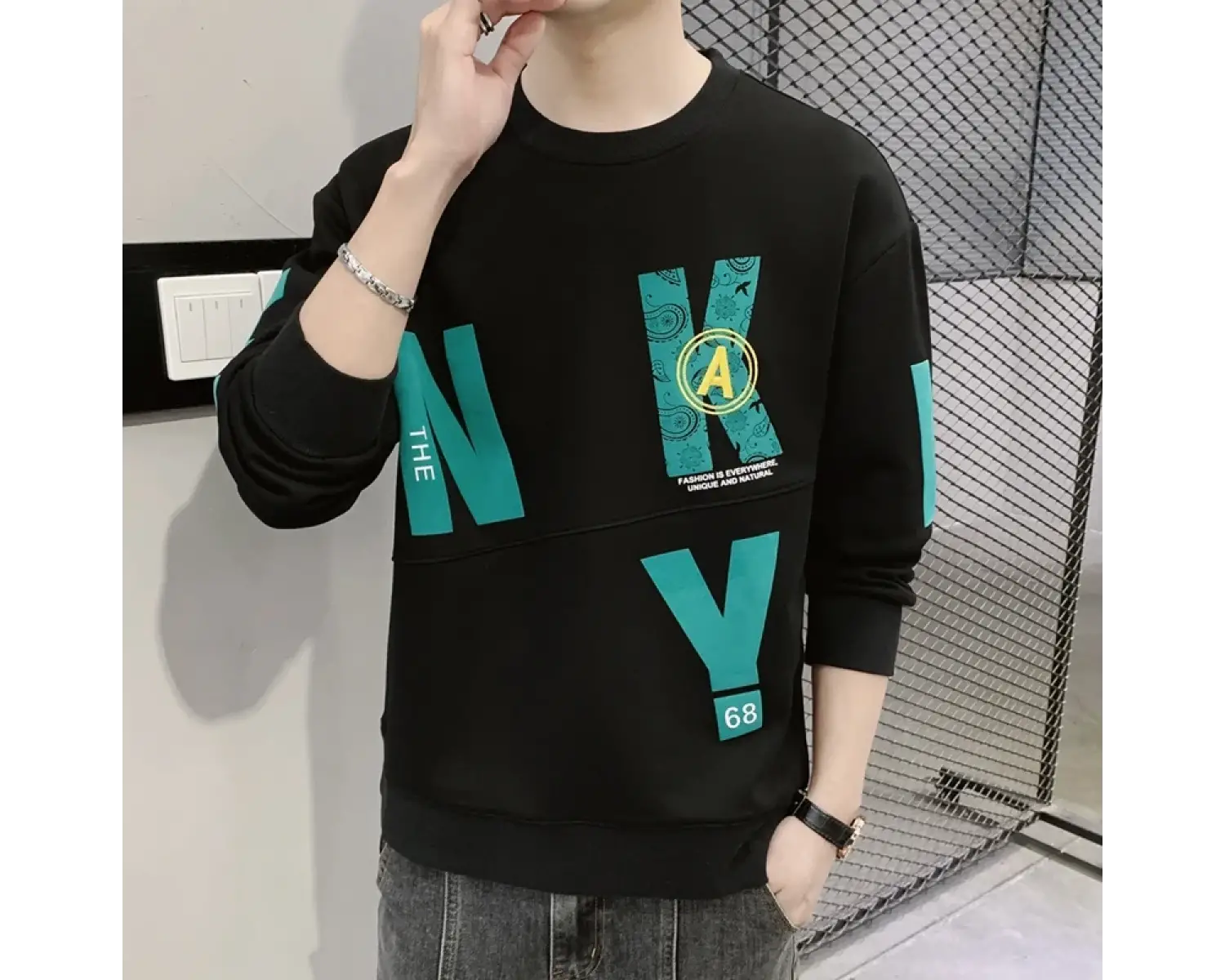 İlkbahar ve sonbahar erkek kazak yuvarlak boyun yeni Patchwork mektup baskılı Hoodie gevşek m