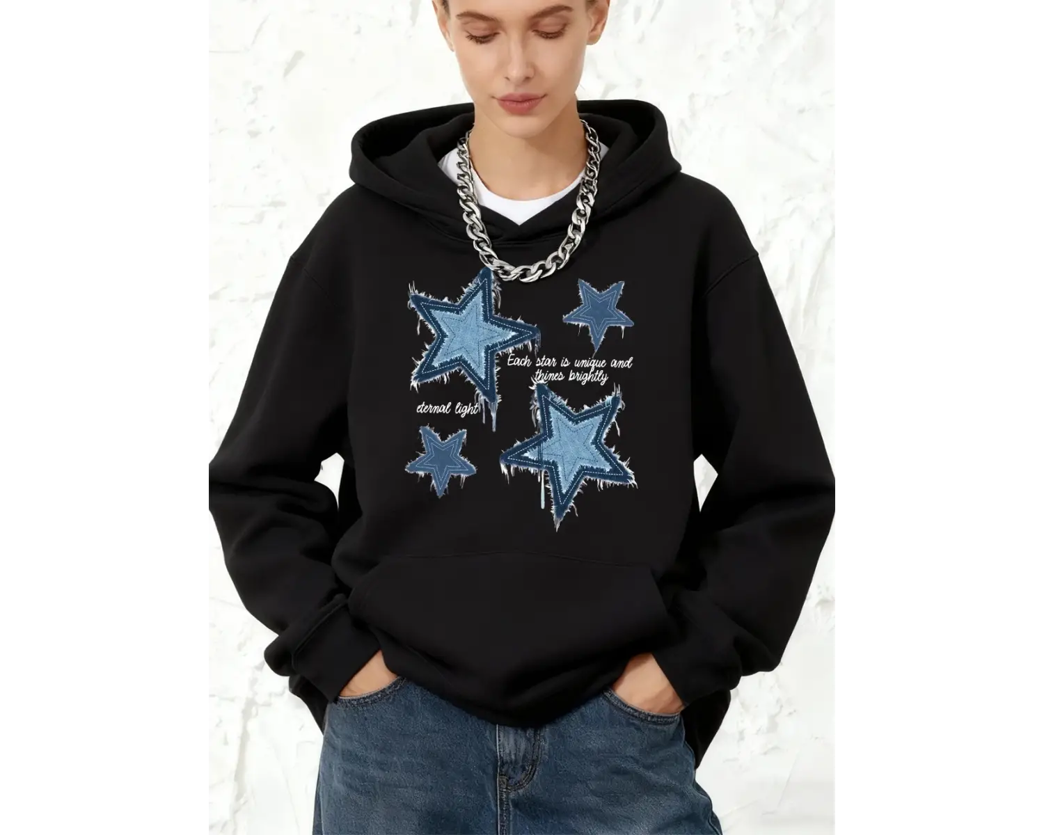 İmitasyon Denim Yıldız Baskılı Kapüşonlu Üstler Pamuklu Kadın Kışlık Bol Kazak Polar Sıcak Ko