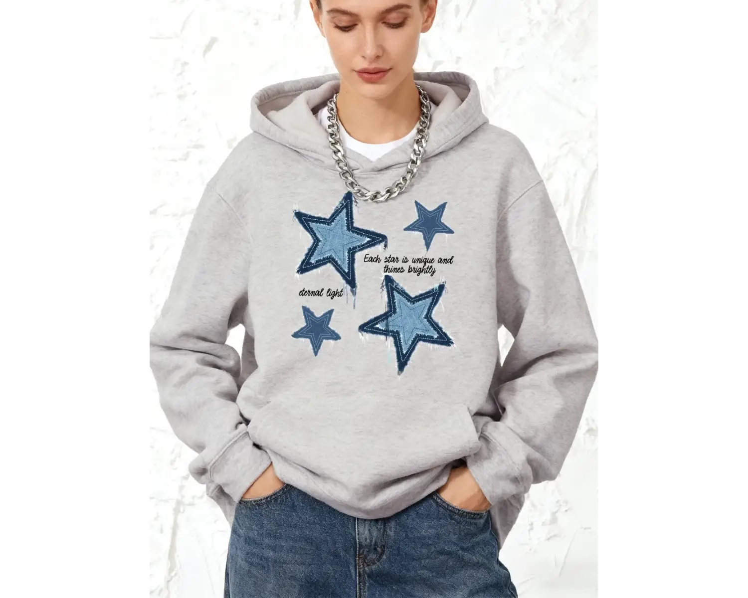 İmitasyon Denim Yıldız Baskılı Kapüşonlu Üstler Pamuklu Kadın Kışlık Bol Kazak Polar Sıcak Ko