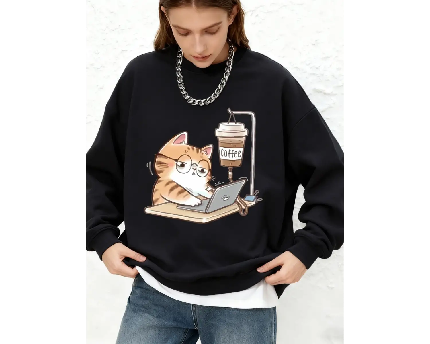 İş kedileri kahve baskılı kazak kadın rahat sıcak uzun kollu kapüşonlu üst Jogger bisiklet ya