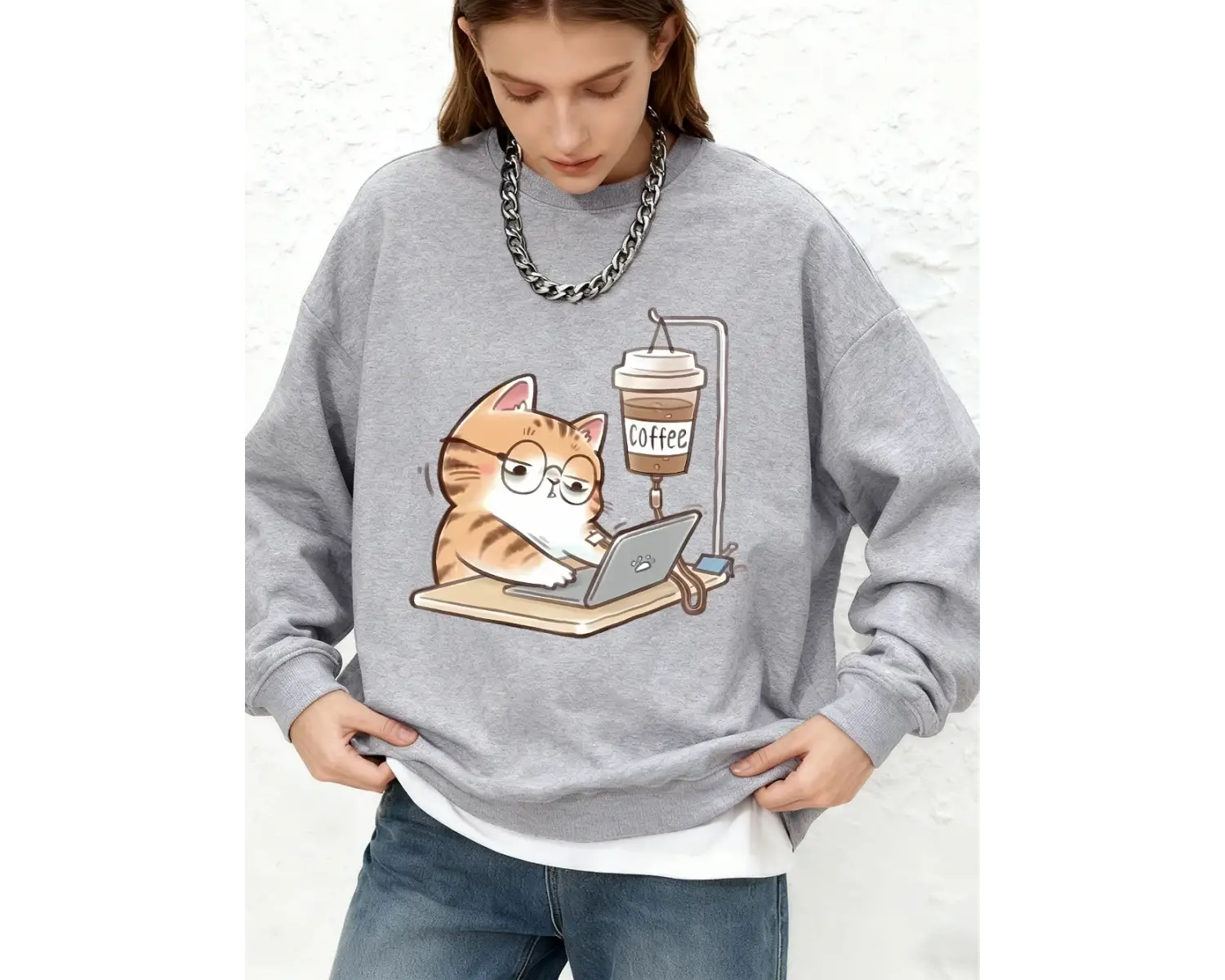 İş kedileri kahve baskılı kazak kadın rahat sıcak uzun kollu kapüşonlu üst Jogger bisiklet ya