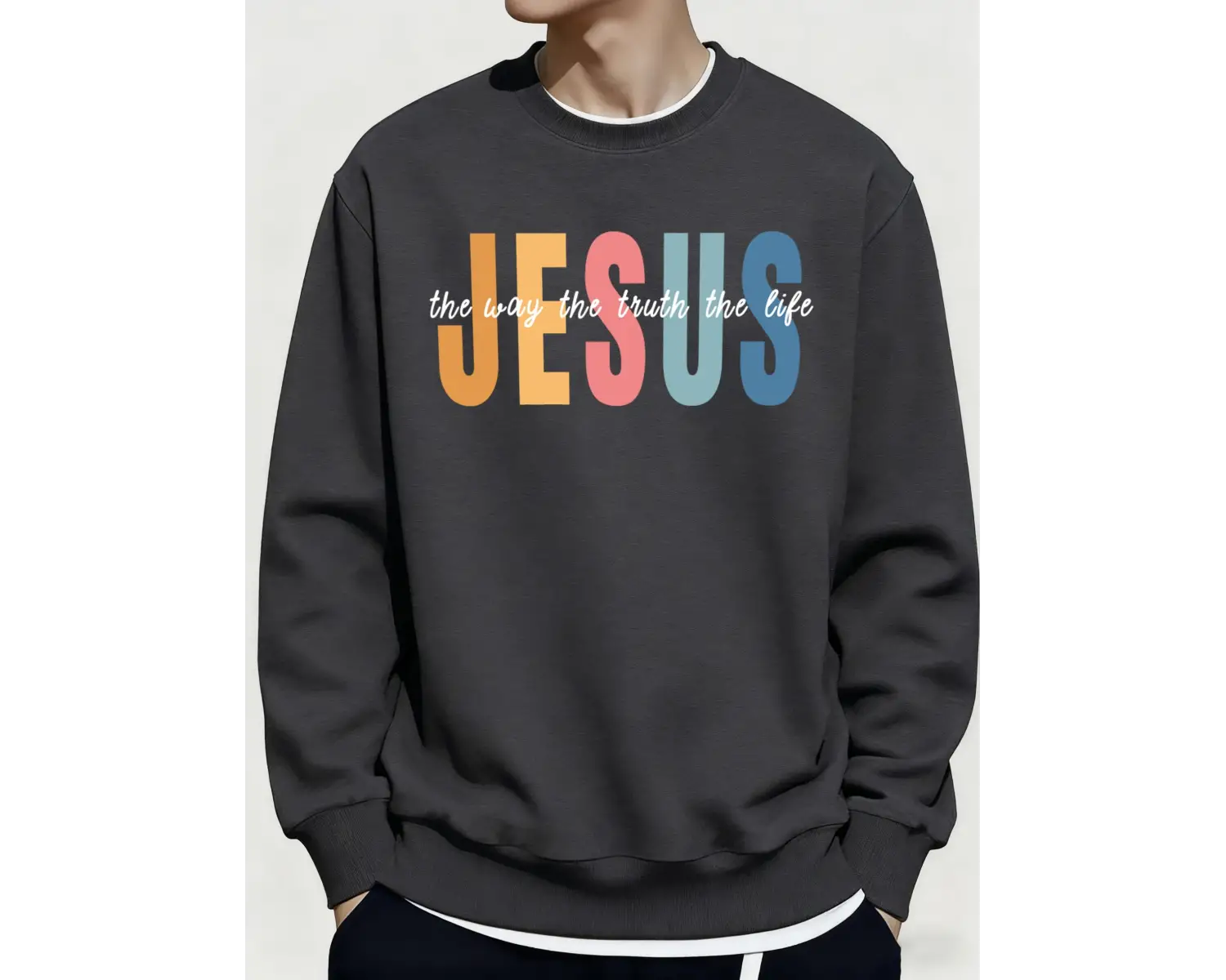 İsa Renkli Harfli Yaratıcı Baskılı Rahat Sokak Erkek Tişörtü Temel Spor Kazaklar Kışlık Her Ş