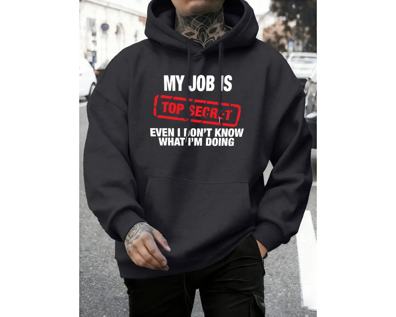 İşim Çok Gizli Baskılı Erkek Sonbahar Polar Tişörtü Yumuşak Koşu Kapüşonlu Üstü Sokak Rahat K