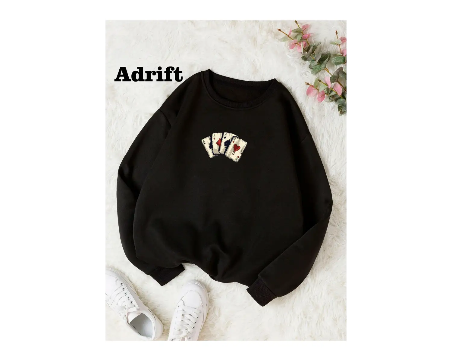 İskambil Renkli Oversize Bisiklet Yaka Pamuklu Sweatshirt Beyaz