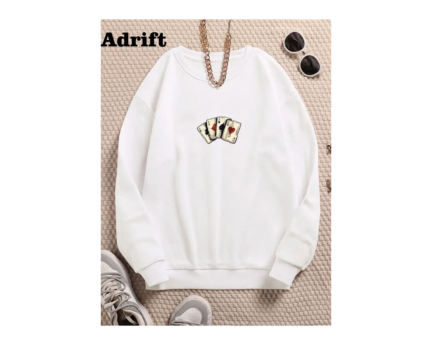 İskambil Renkli Oversize Bisiklet Yaka Pamuklu Sweatshirt Beyaz