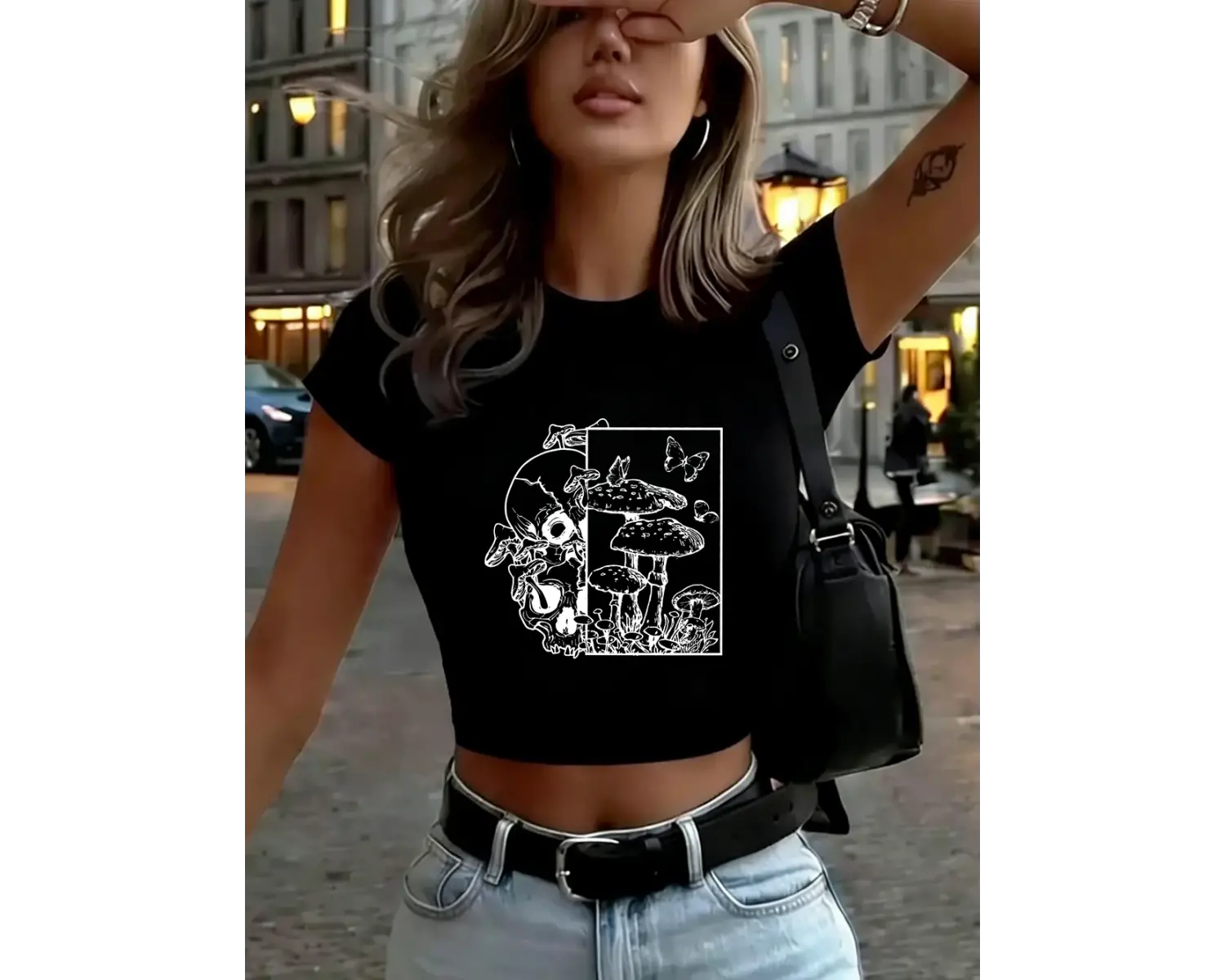 İskelet Mantar Kelebek Baskılar Kadın Kırpma T-Shirt Yaz Yüksek Elastik Yumuşak Üstler İnce K