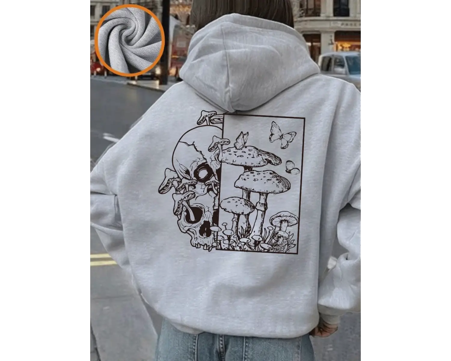 İskelet Mantar Kelebek Baskılı Kapüşonlu Kadınlar İçin Basit Cepli Sweatshirt Sonbahar Polar