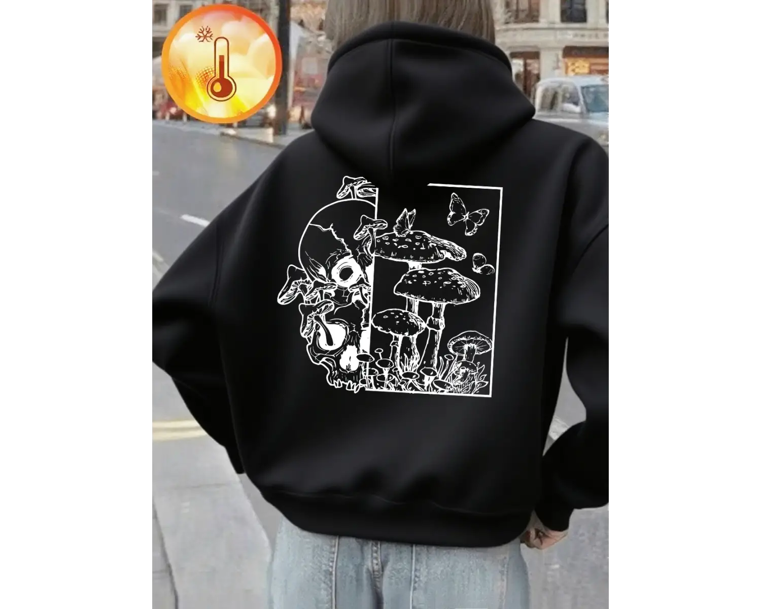 İskelet Mantar Kelebek Baskılı Kapüşonlu Kadınlar İçin Basit Cepli Sweatshirt Sonbahar Polar