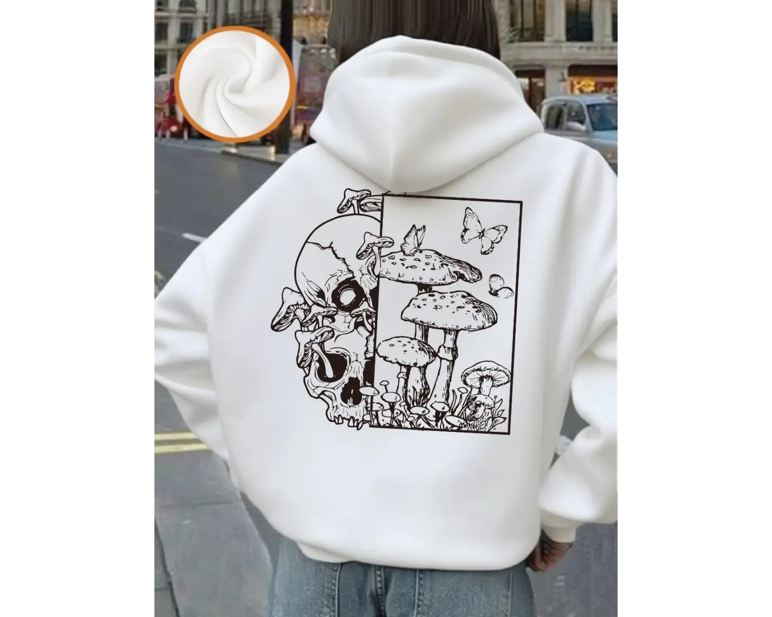 İskelet Mantar Kelebek Baskılı Kapüşonlu Kadınlar İçin Basit Cepli Sweatshirt Sonbahar Polar