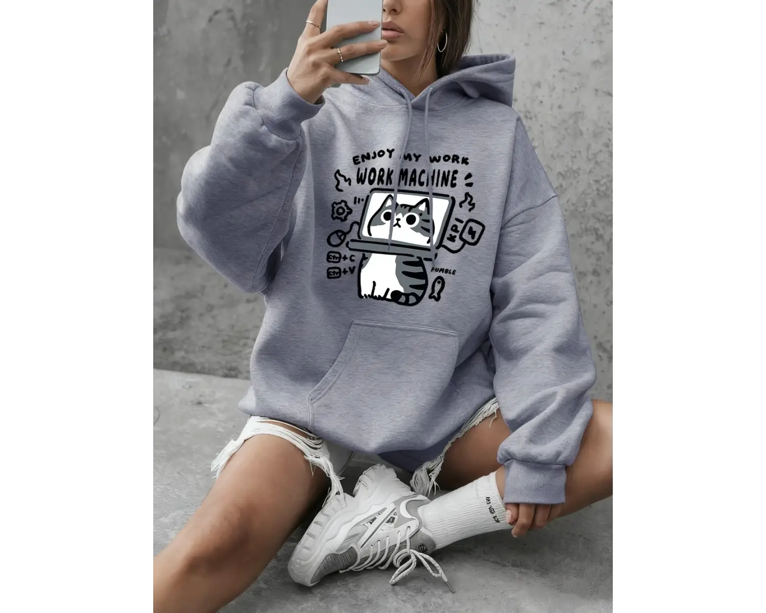 İşlerimi Keyfini Çıkarın Kedi Baskılı Tişörtler Bayanlar Kışlık Polar Sıcak Kapüşonlu Üstler