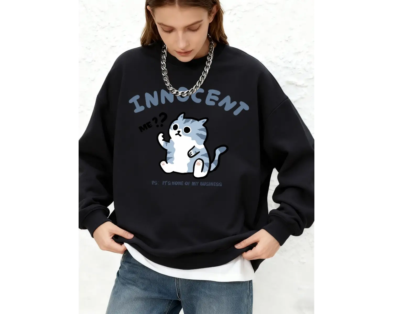 İşletmemin İlgisi Değil Kedi Baskılı Sweatshirt Kadın Günlük Jogger Sıcak Kapüşonlu Üst Crewn