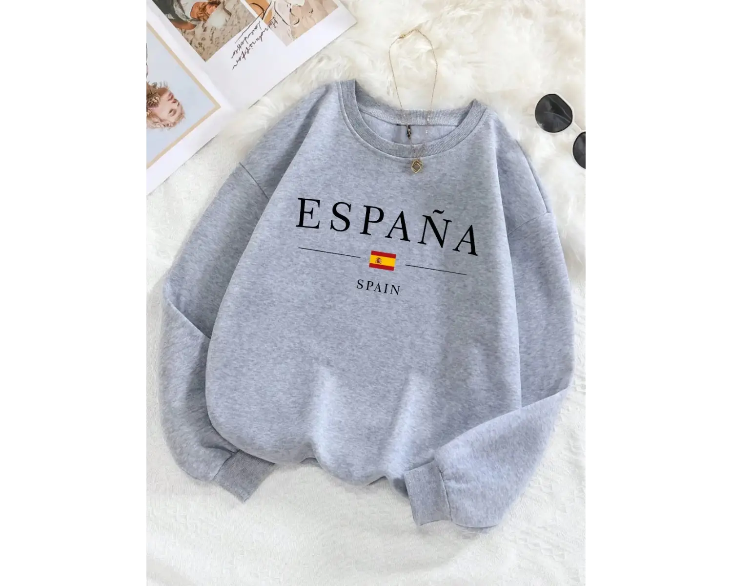 İspanya İspanya Bayrağı Tasarım Bayan Y2K Tişörtü Tüm Maç Gevşek Kazak Sonbahar Polar Sokak Ş