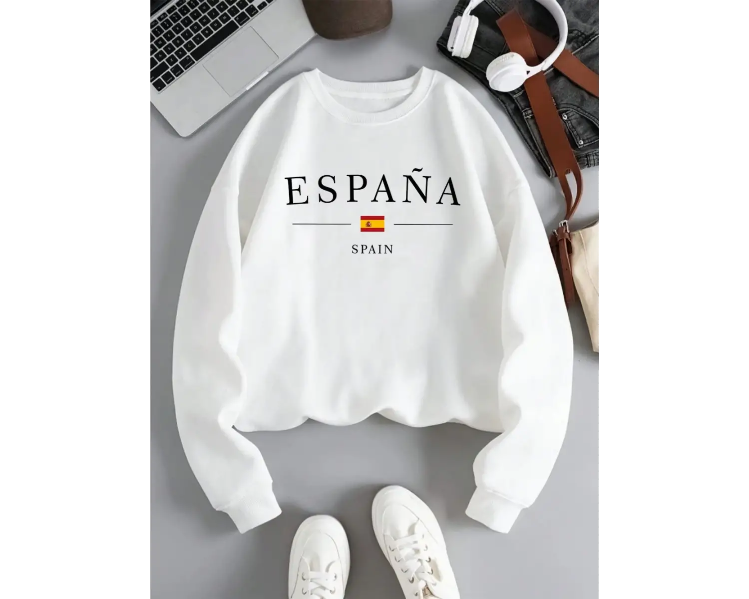 İspanya İspanya Bayrağı Tasarım Bayan Y2K Tişörtü Tüm Maç Gevşek Kazak Sonbahar Polar Sokak Ş