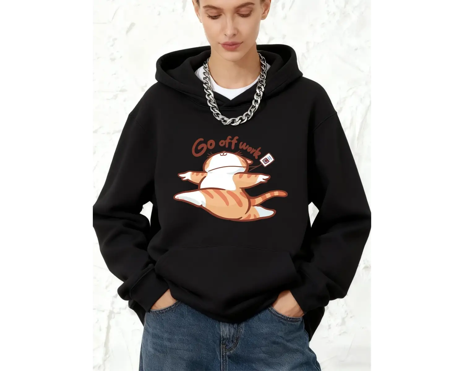 İşten Çıkın Mutlu Kedi Baskılı Pamuklu Kapüşonlu Üstler Kadınlar İçin Kışlık Polar Sıcak Swea