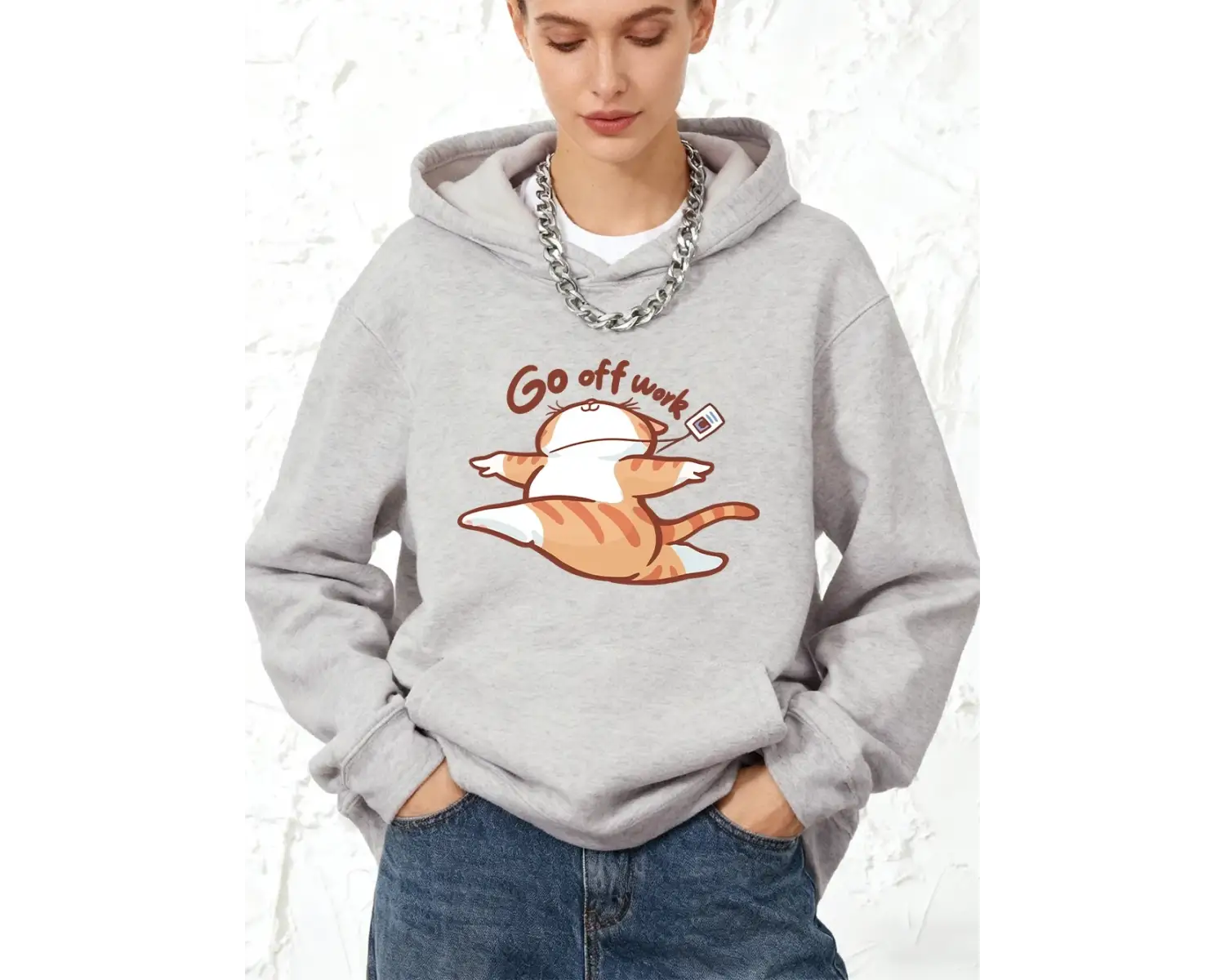 İşten Çıkın Mutlu Kedi Baskılı Pamuklu Kapüşonlu Üstler Kadınlar İçin Kışlık Polar Sıcak Swea