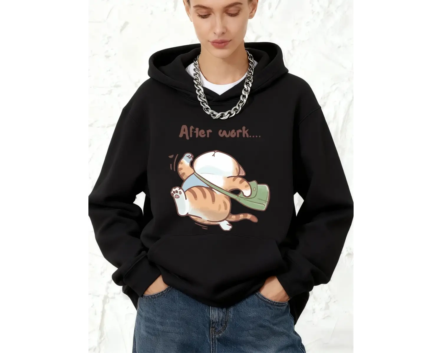 İşten Çıktıktan Sonra Koşan Kedi Baskılı Pamuklu Kapüşonlu Üstler Kadın Kışlık Cepli Sweatshi