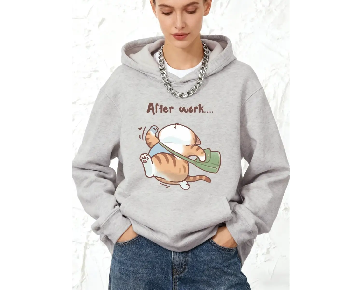 İşten Çıktıktan Sonra Koşan Kedi Baskılı Pamuklu Kapüşonlu Üstler Kadın Kışlık Cepli Sweatshi