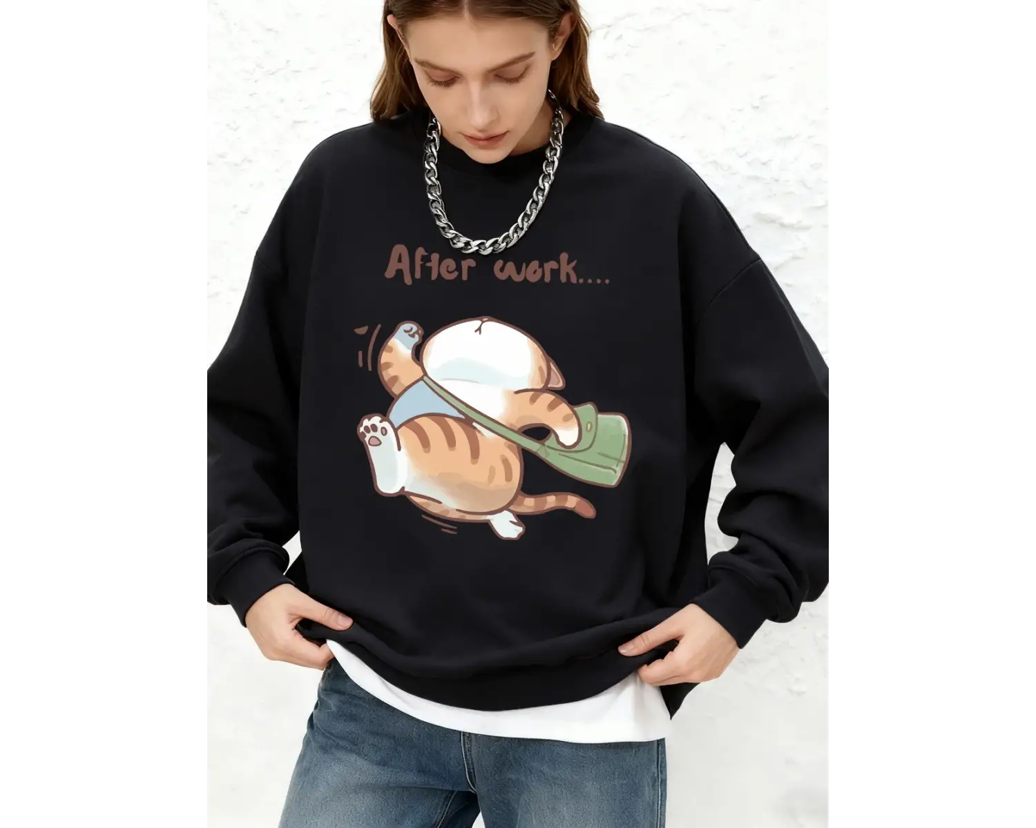 İşten sonra koşan kedi baskı kapüşonlu üstler kadın kış Jogger sıcak tişörtü o-boyun büyük bo