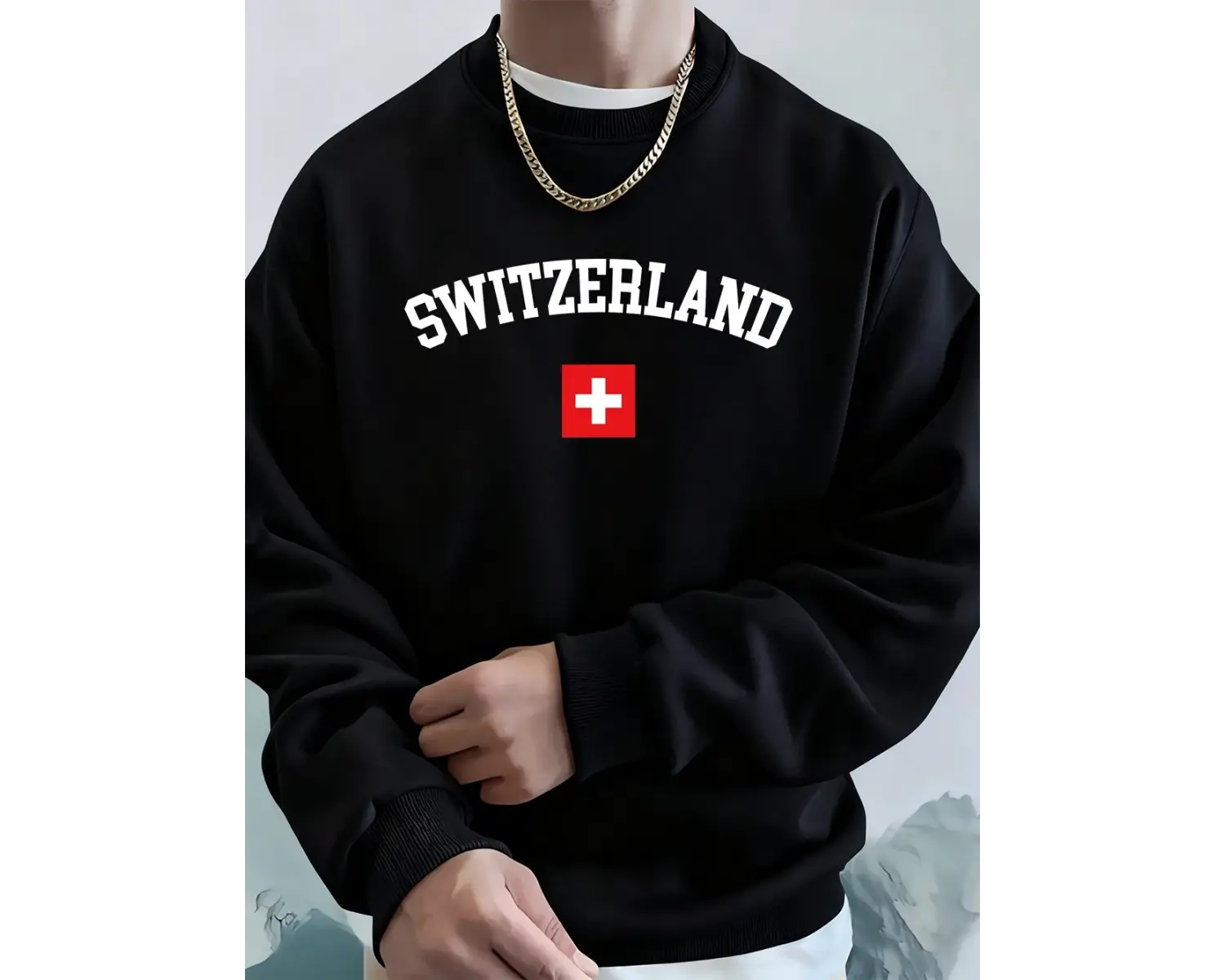 İsviçre Bayrağı Baskılı Erkek Kapüşonlu Üstleri Sonbahar Bisiklet Yaka Tişörtü Temel Polar Sı