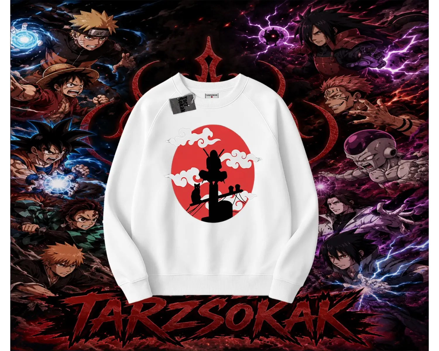 Itachi Uchiha Naruto Anime Karakteri Oversize Unisex Bisiklet Yaka Sweatshirt Beyaz