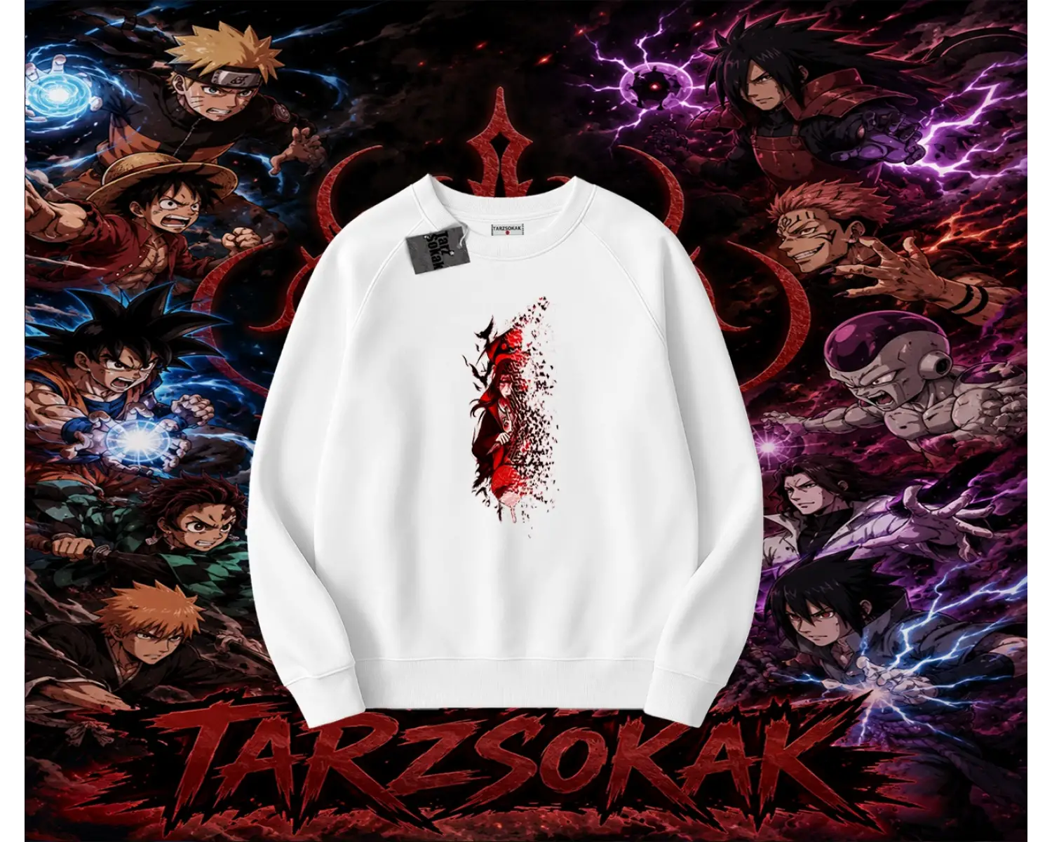 Itachi Uchiha Naruto Anime Karakteri Oversize Unisex Bisiklet Yaka Sweatshirt Beyaz