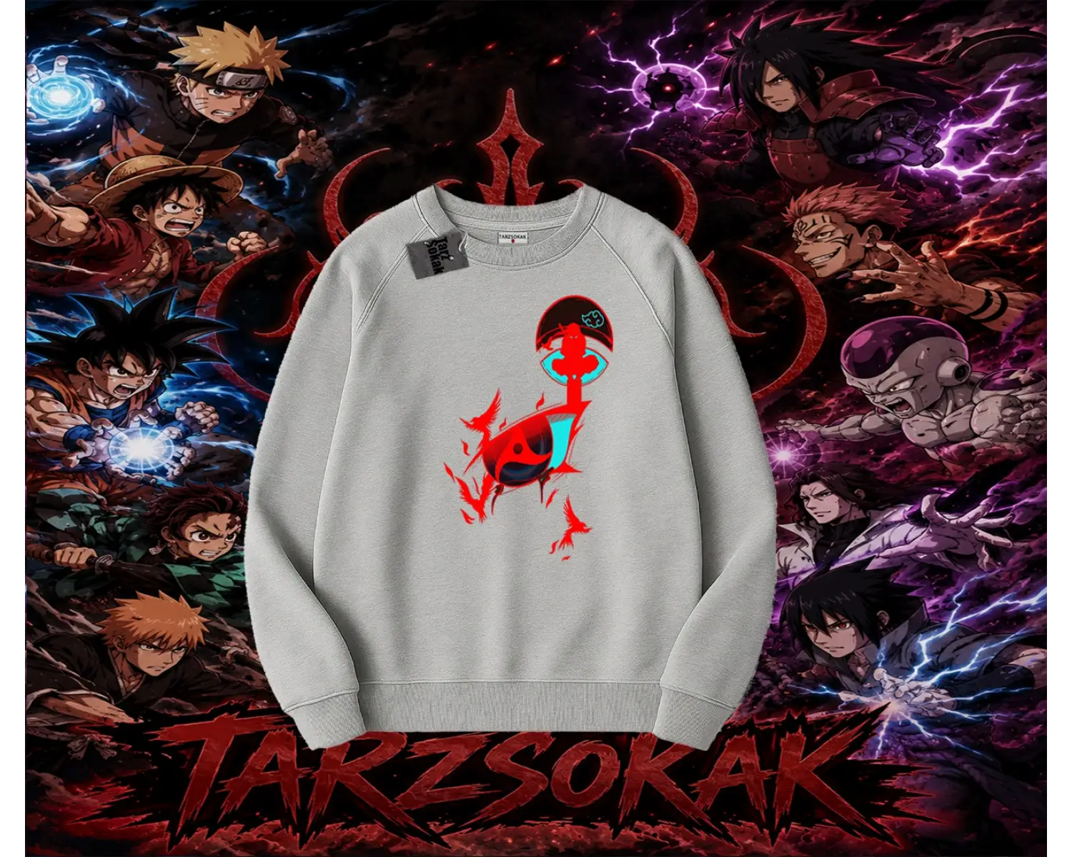 Itachi Uchiha Naruto Anime Karakteri Oversize Unisex Bisiklet Yaka Sweatshirt Beyaz