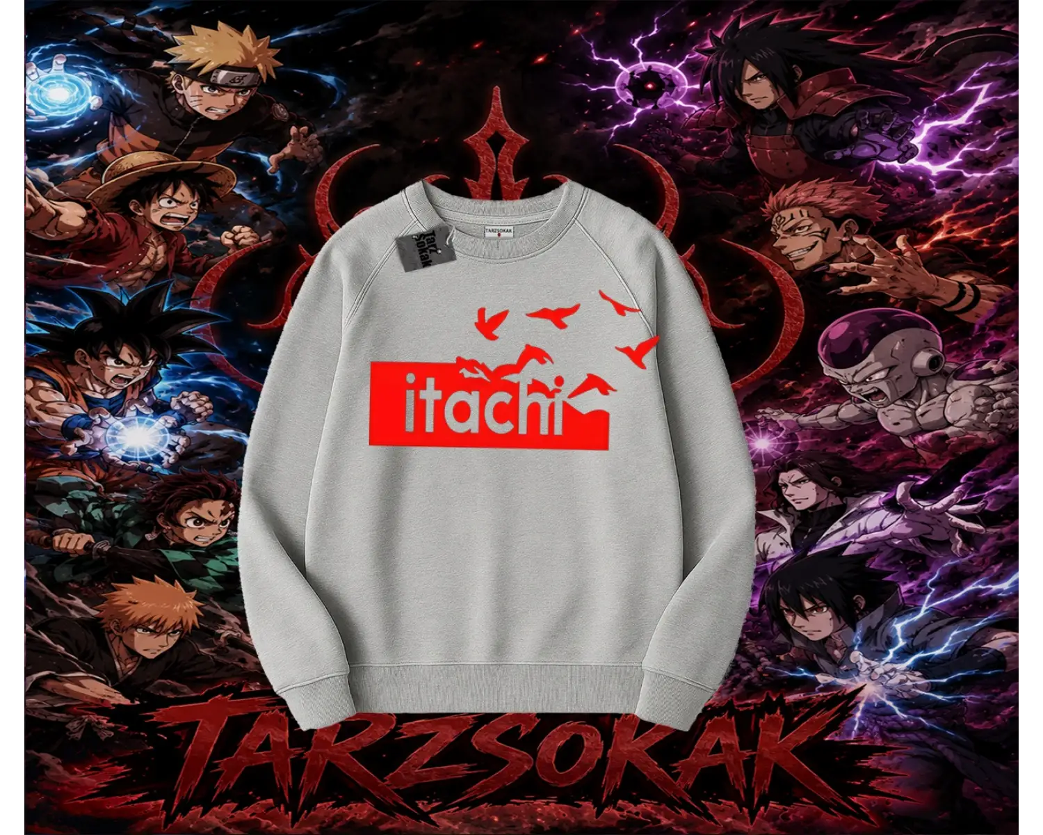 Itachi Uchiha Naruto Anime Karakteri Oversize Unisex Bisiklet Yaka Sweatshirt Beyaz