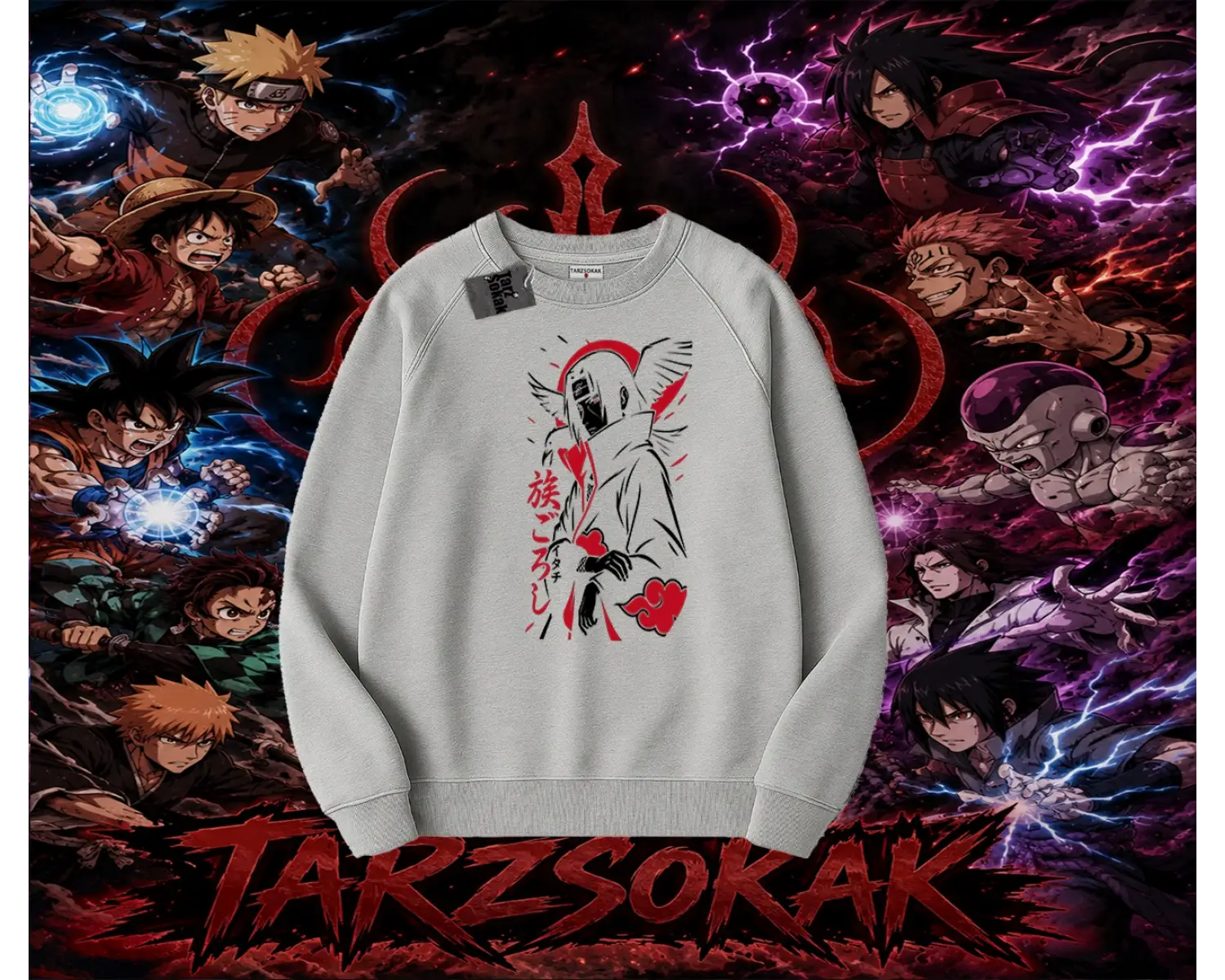 Itachi Uchiha Naruto Anime Karakteri Oversize Unisex Bisiklet Yaka Sweatshirt Beyaz