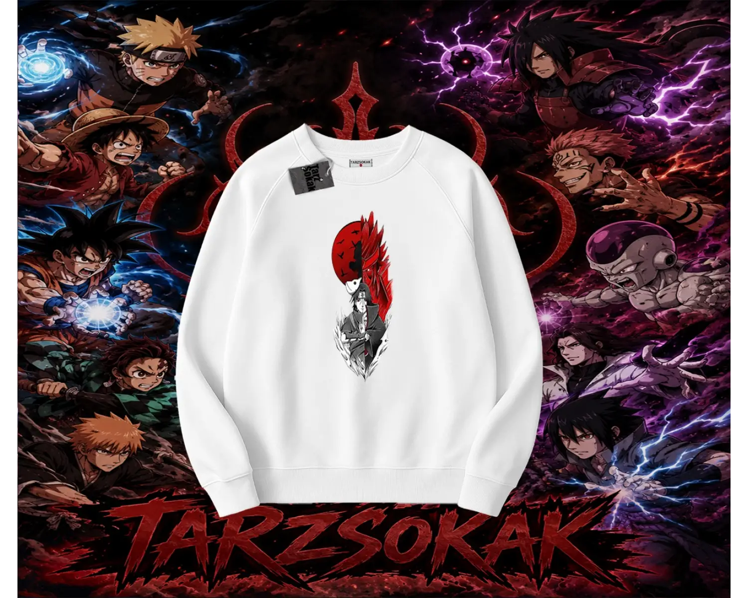 Itachi Uchiha Naruto Anime Karakteri Oversize Unisex Bisiklet Yaka Sweatshirt Beyaz
