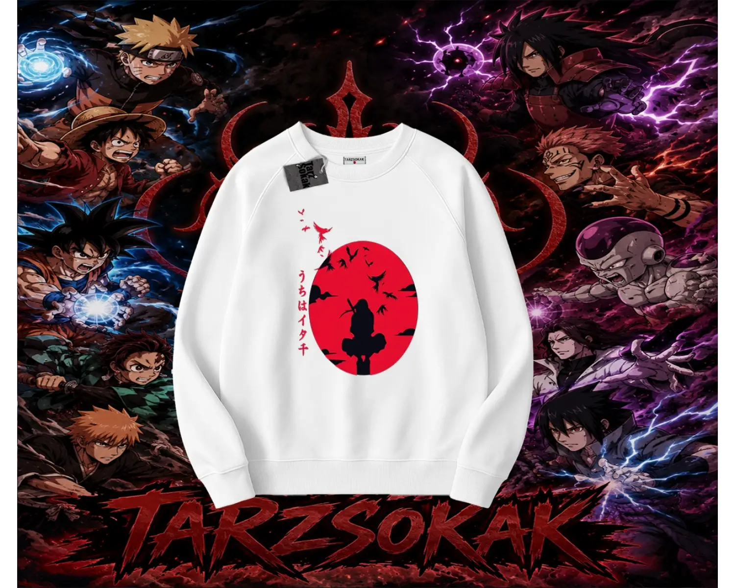 Itachi Uchiha Naruto Anime Karakteri Oversize Unisex Bisiklet Yaka Sweatshirt Beyaz