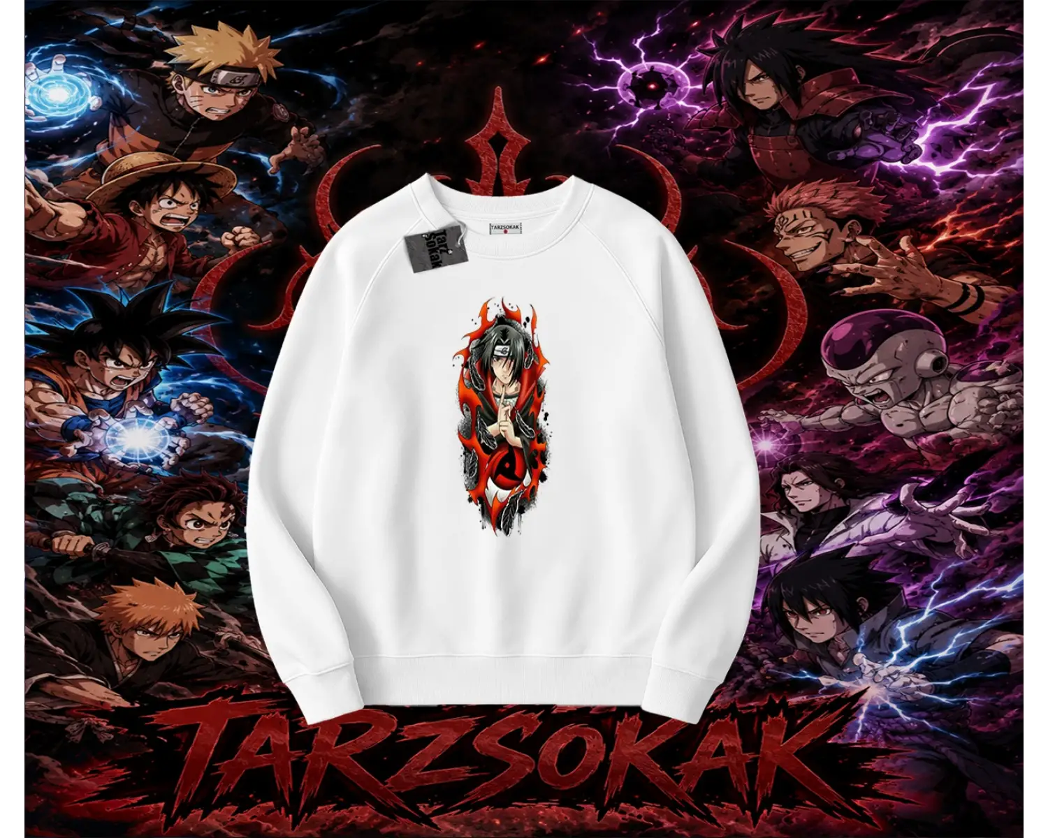 Itachi Uchiha Naruto Anime Karakteri Oversize Unisex Bisiklet Yaka Sweatshirt Beyaz