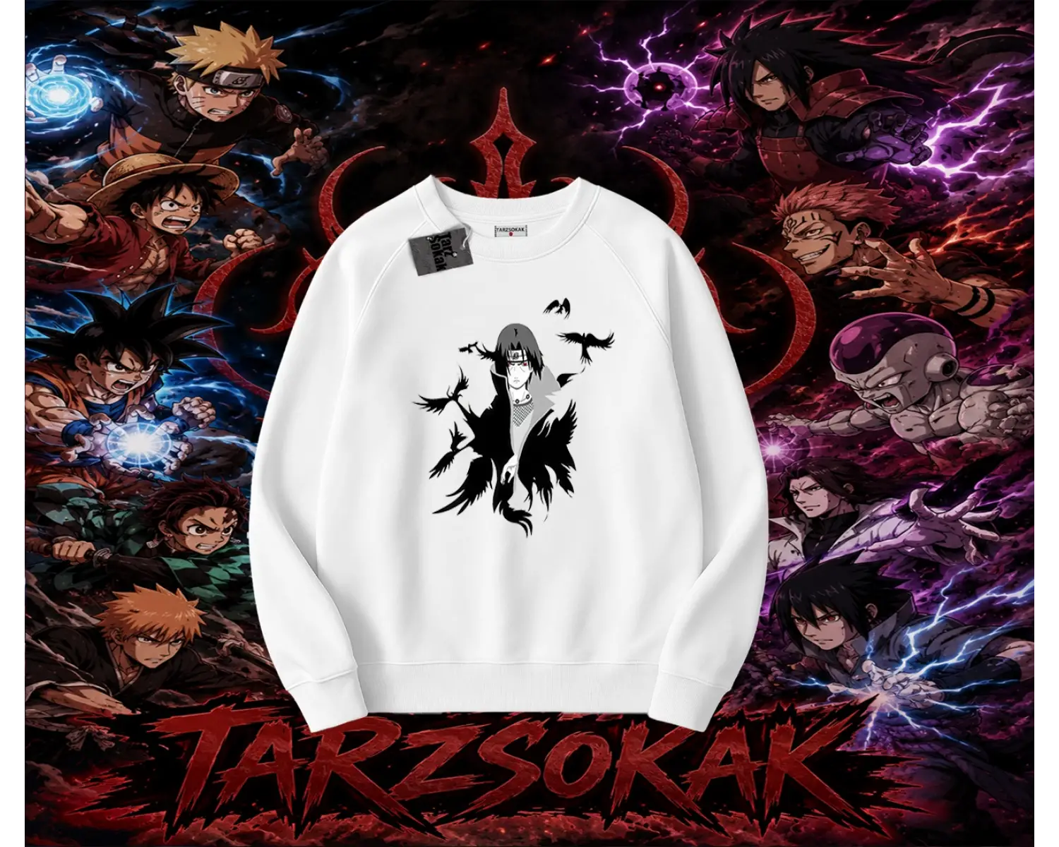 Itachi Uchiha Naruto Anime Karakteri Oversize Unisex Bisiklet Yaka Sweatshirt Beyaz