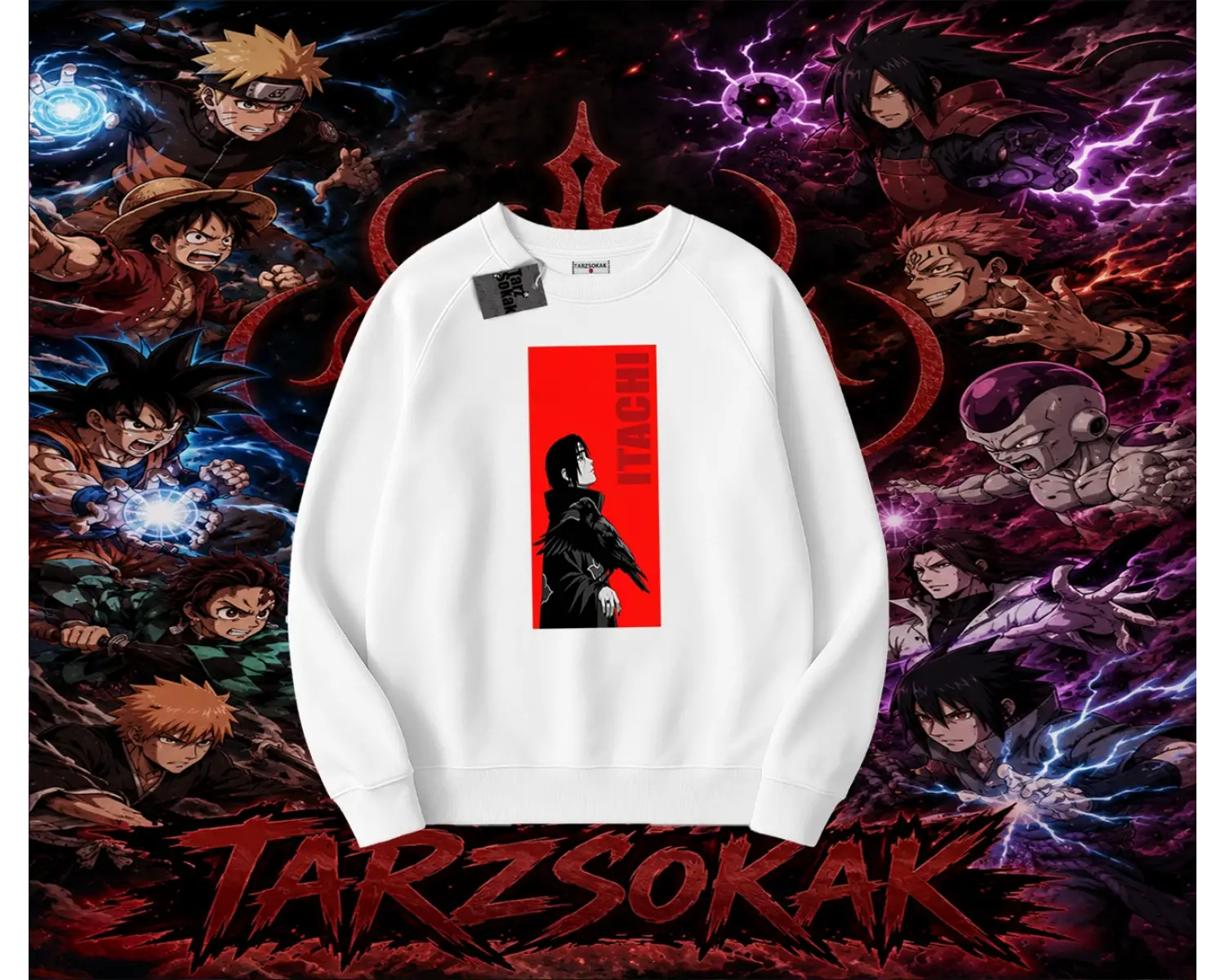 Itachi Uchiha Naruto Anime Karakteri Oversize Unisex Bisiklet Yaka Sweatshirt Beyaz