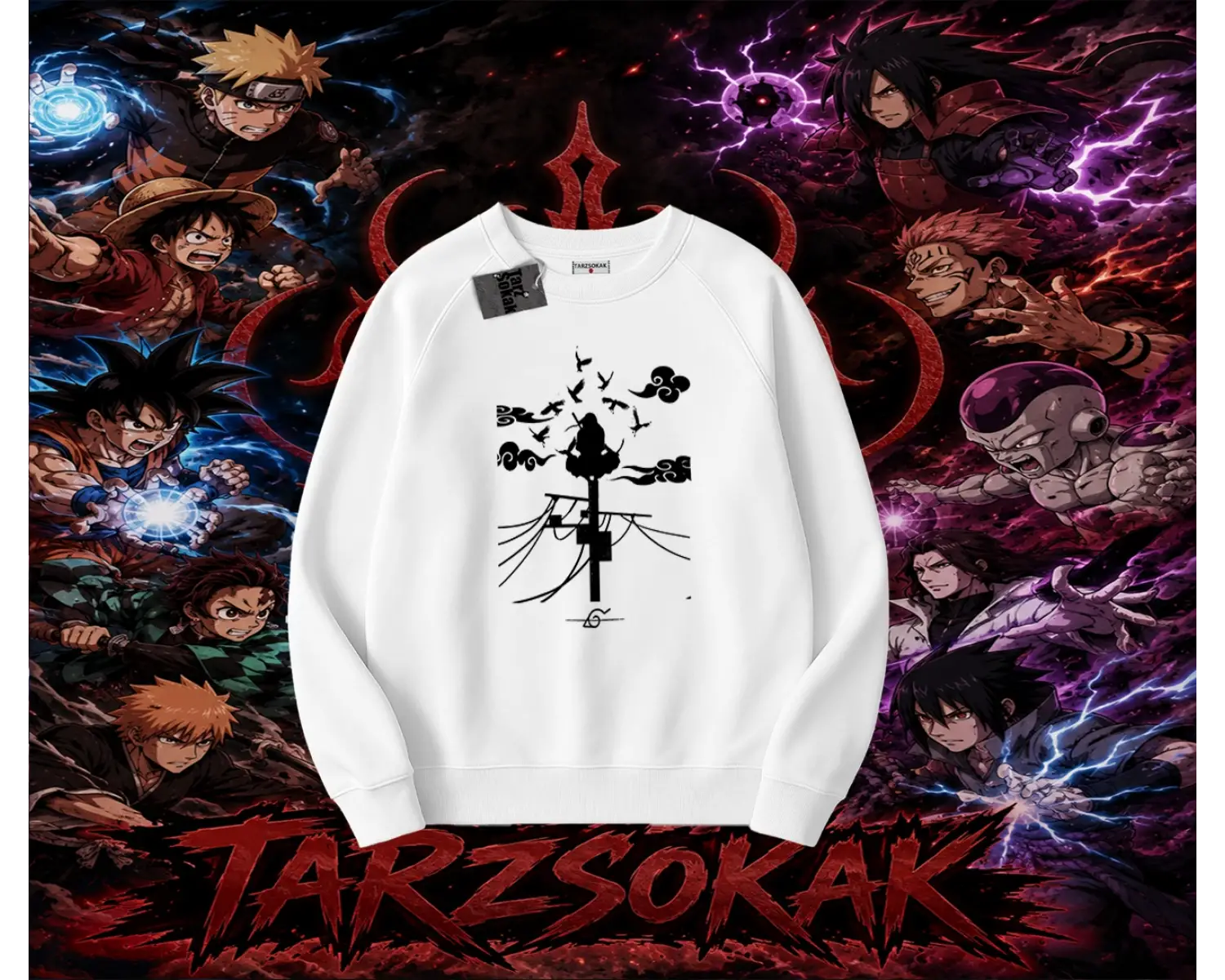 Itachi Uchiha Naruto Anime Karakteri Oversize Unisex Bisiklet Yaka Sweatshirt Beyaz