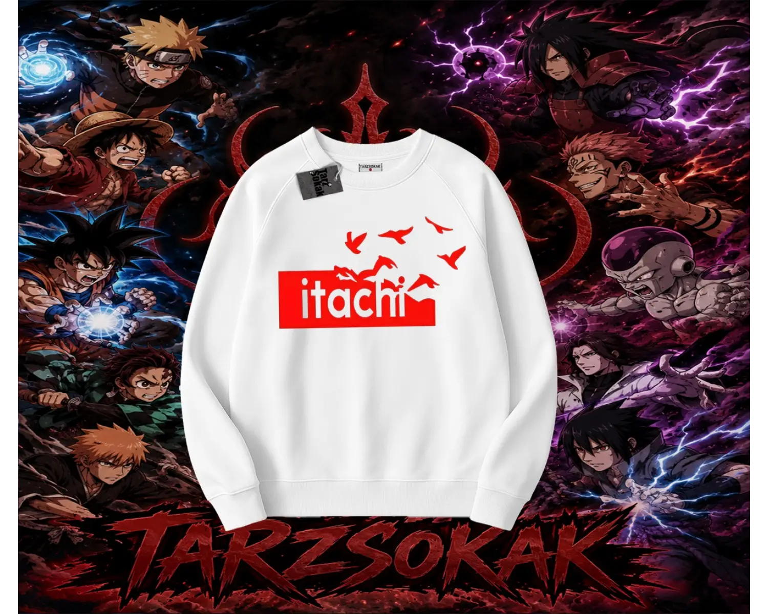 Itachi Uchiha Naruto Anime Karakteri Oversize Unisex Bisiklet Yaka Sweatshirt Beyaz