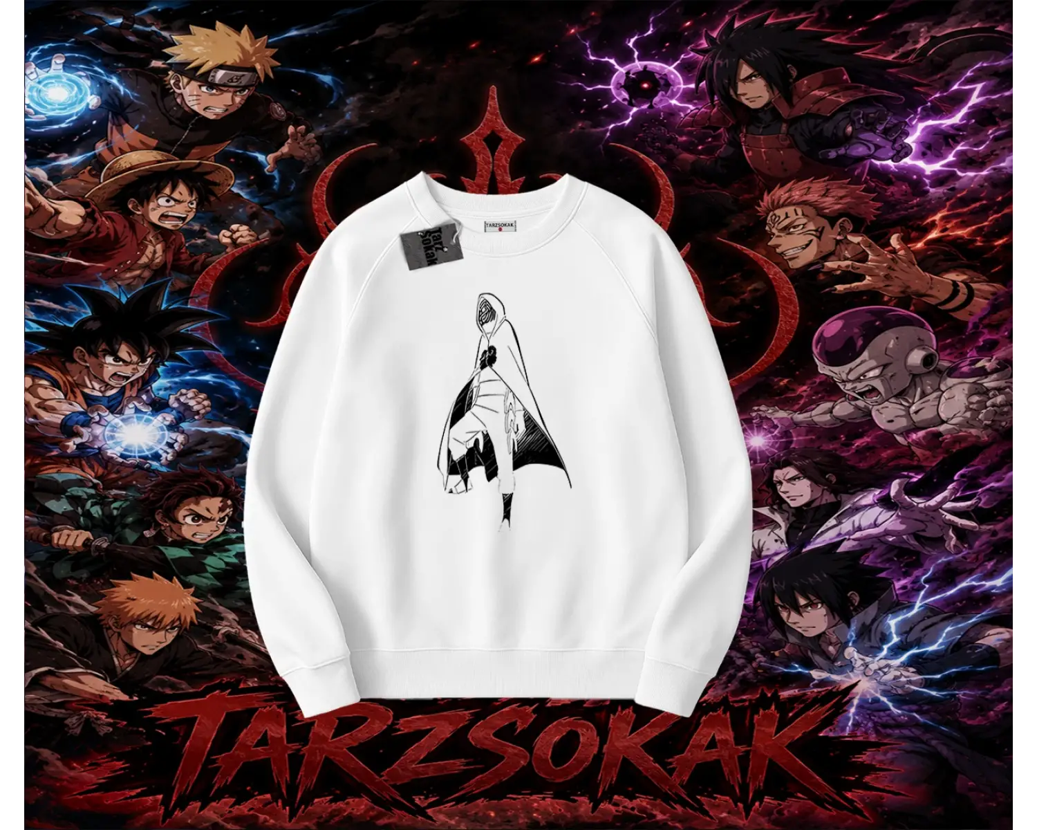 Itachi Uchiha Naruto Anime Karakteri Oversize Unisex Bisiklet Yaka Sweatshirt Beyaz