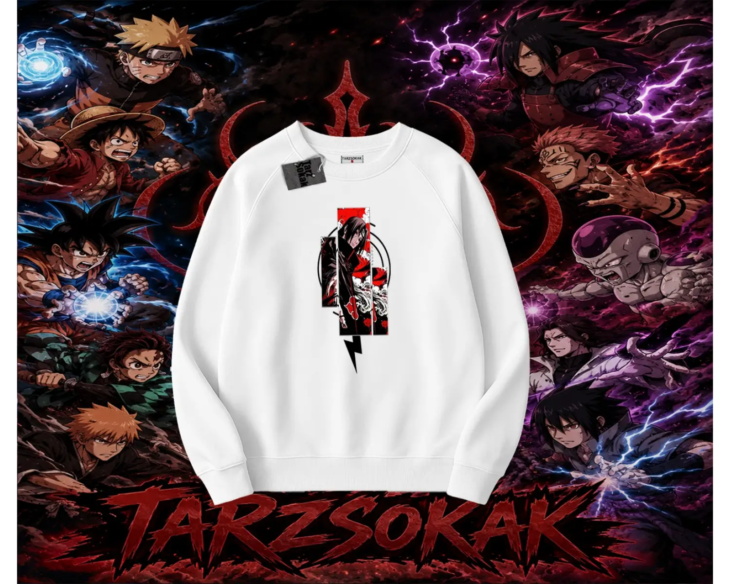 Itachi Uchiha Naruto Anime Karakteri Oversize Unisex Bisiklet Yaka Sweatshirt Beyaz