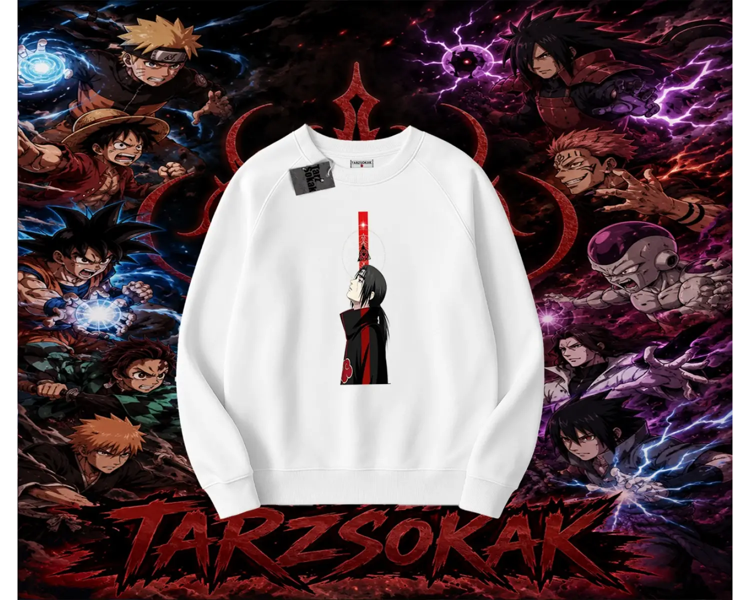 Itachi Uchiha Naruto Anime Karakteri Oversize Unisex Bisiklet Yaka Sweatshirt Beyaz